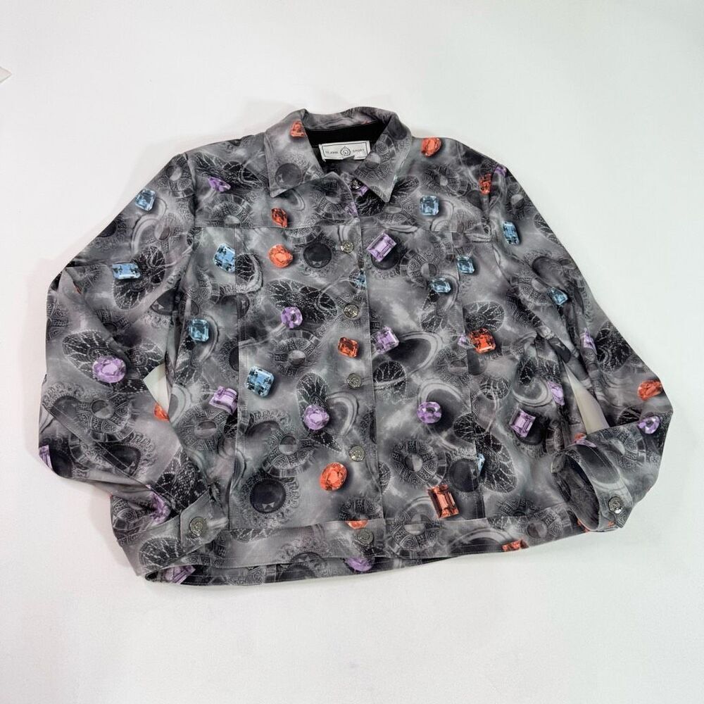 St John Sport Jacket Womens Medium Gray Gemstones Gems Button Up Luxury Shiny‎